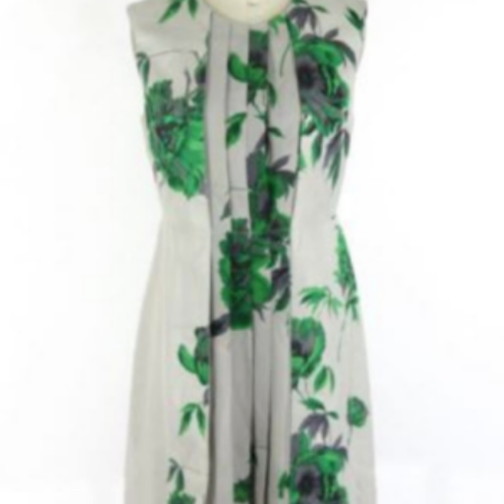 Rachel Comey Gray & Green Floral Pleated Silk Dres
